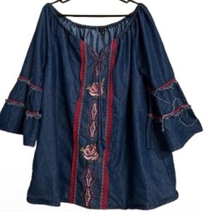 Hannah Women Blue Multi Chambray Artwork Casual Tunic Top w/ Bell Sleeves Sz-XL